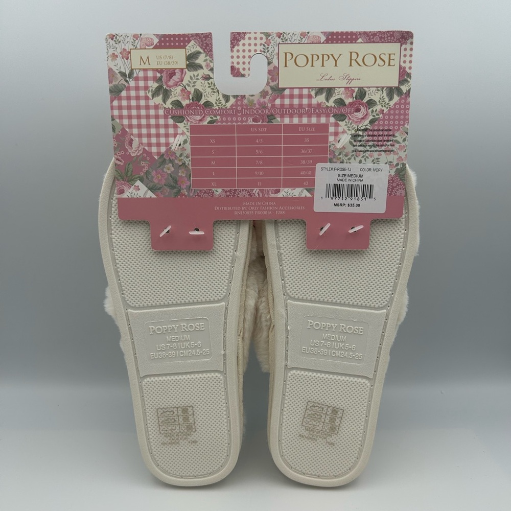 *New* Poppy Rose Ivory Fuzzy Slippers with Colorful Flower/Rose Trim Size 7-8 - Picture 3 of 8